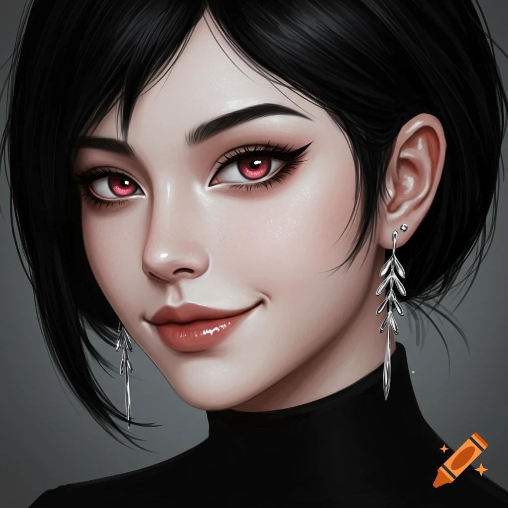 portrait of a woman with short black hair, red eyes, and silver earrings.