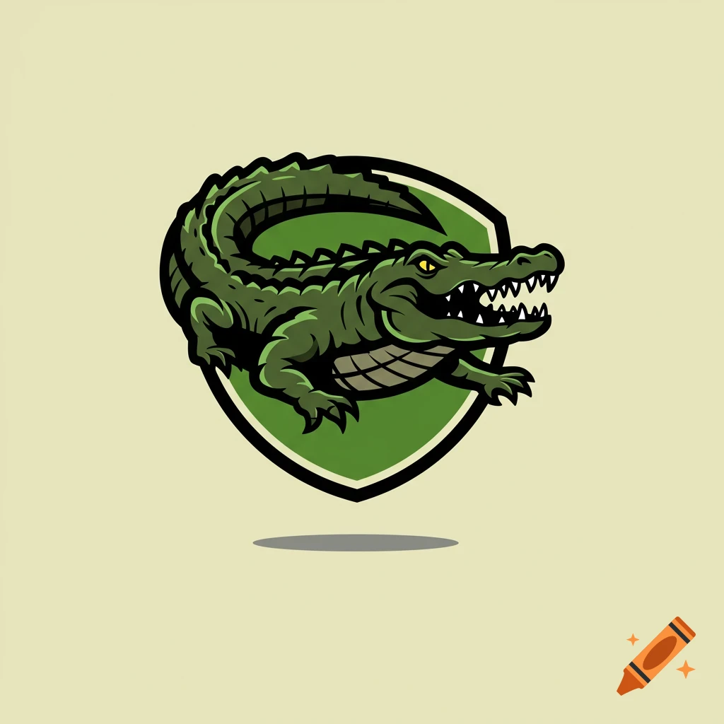 A stylized green alligator inside a shield emblem.