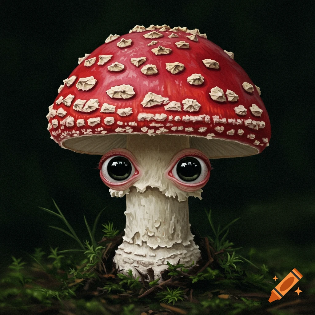 A red and white mushroom with large, googly eyes sits on mossy ground.