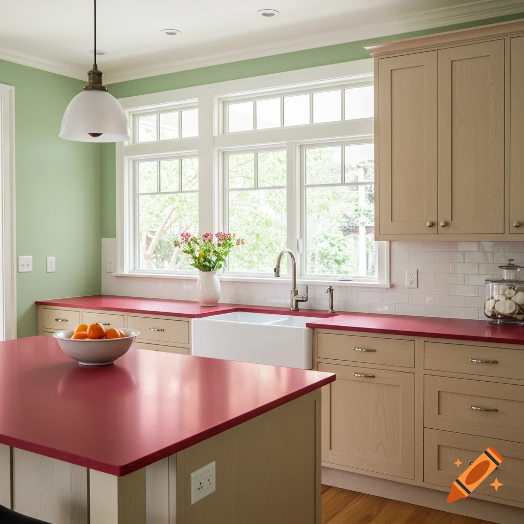 A kitchen with red countertops, light green walls, tan cabinets, a window, sink, and fruit.
