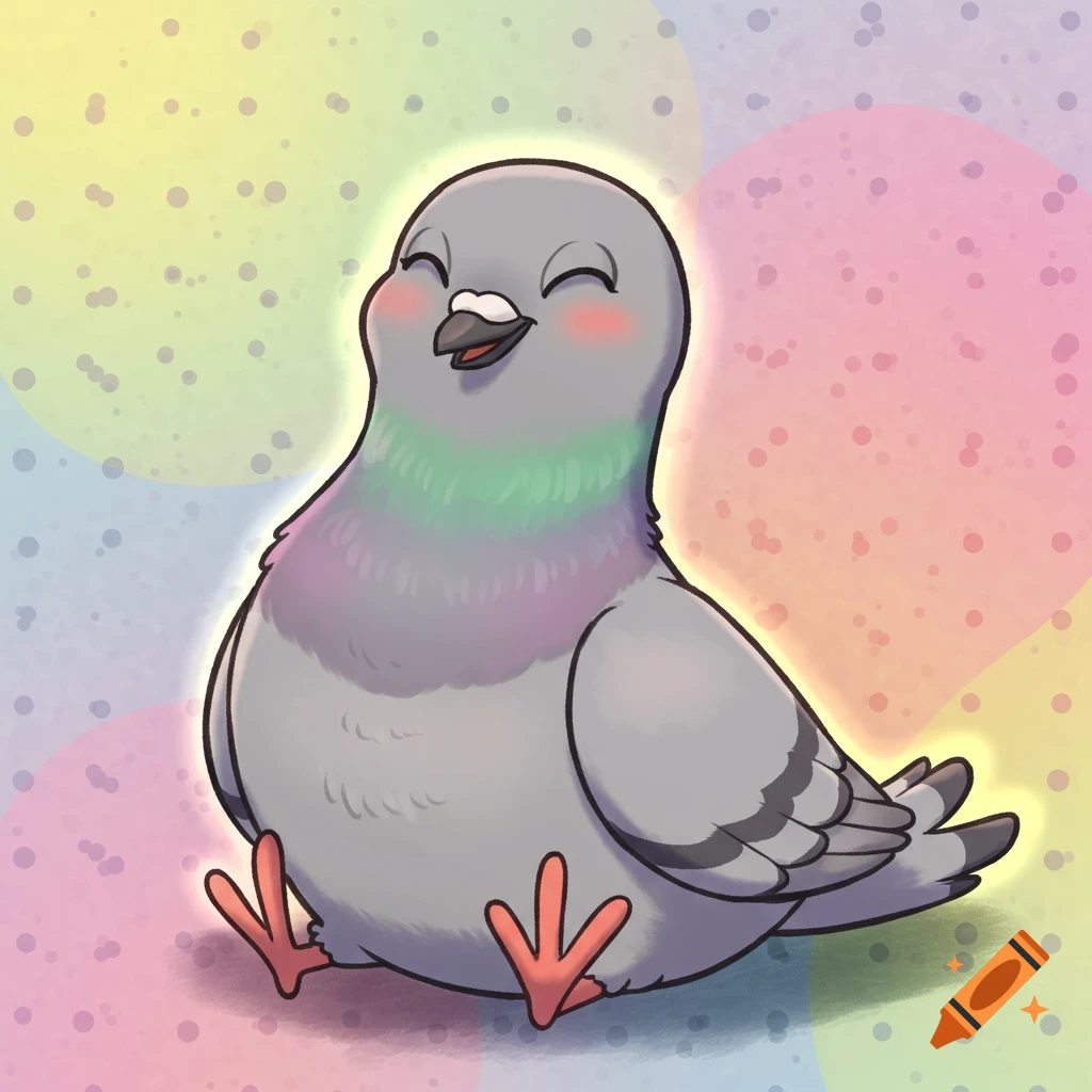 A cute cartoon pigeon sits smiling with its eyes closed against a colorful speckled background.