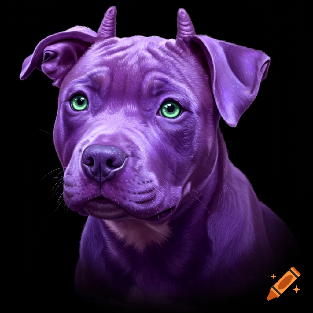 A purple pitbull puppy with green eyes and small horns