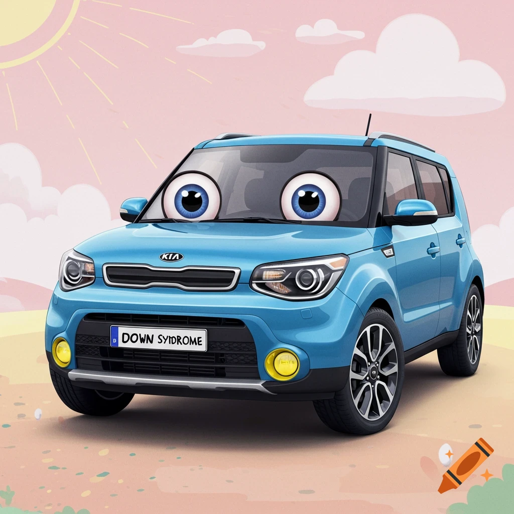 A cartoon blue Kia Soul car with large eyes on the windshield.