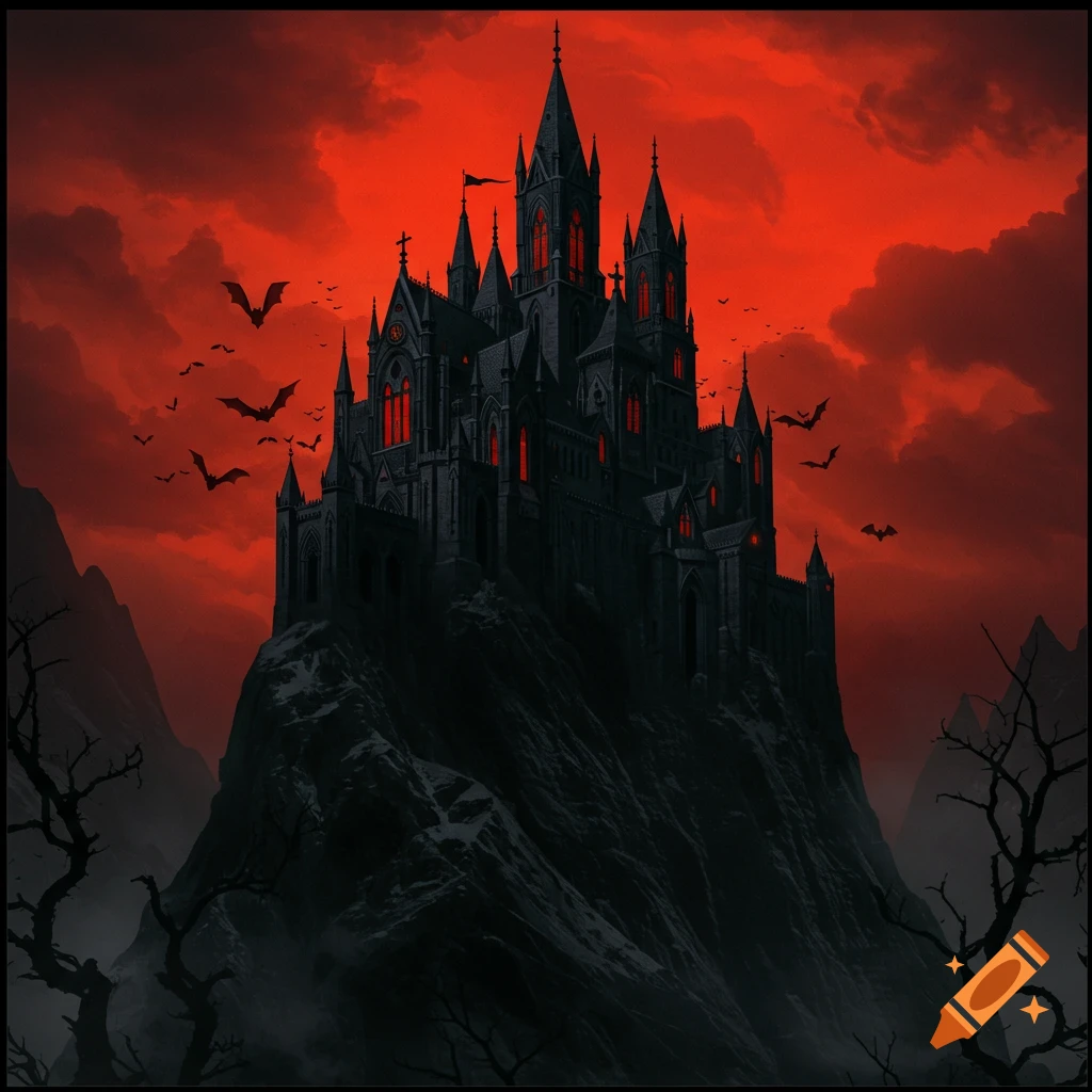 A dark gothic castle sits on a hill, with bats circling against a vibrant red sky.