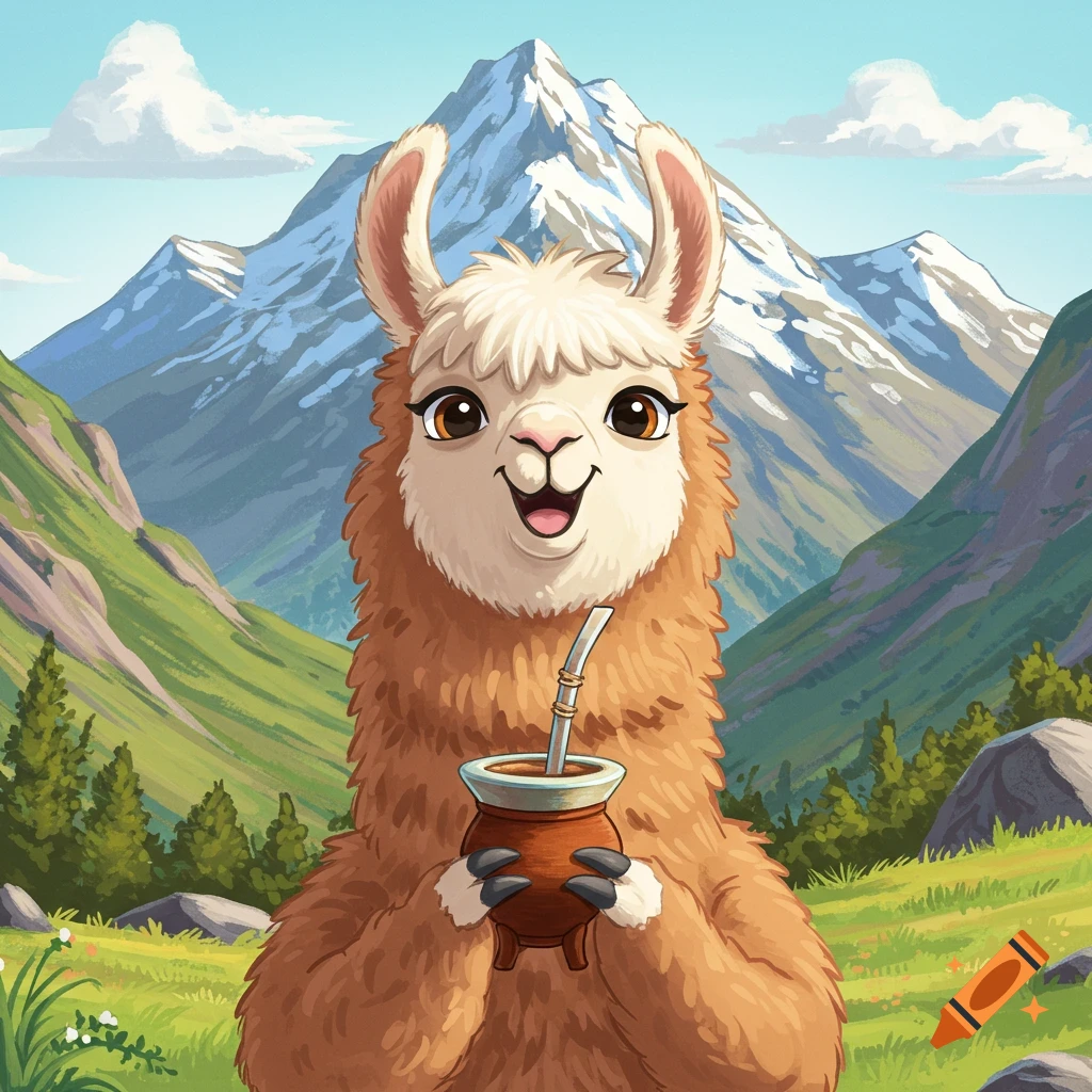 A cheerful cartoon llama holds a mate cup in a mountain landscape.