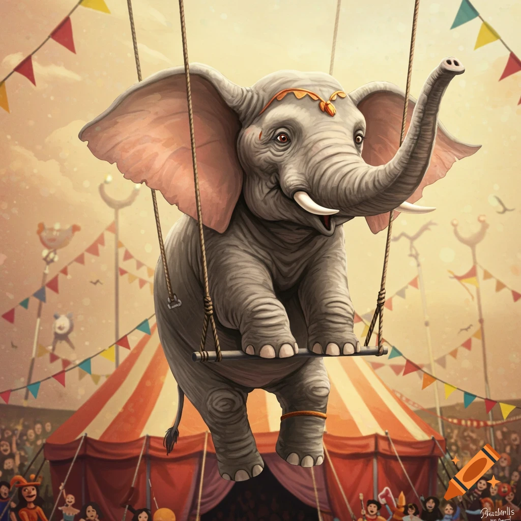 An elephant swinging on a trapeze in a circus tent with a crowd watching.