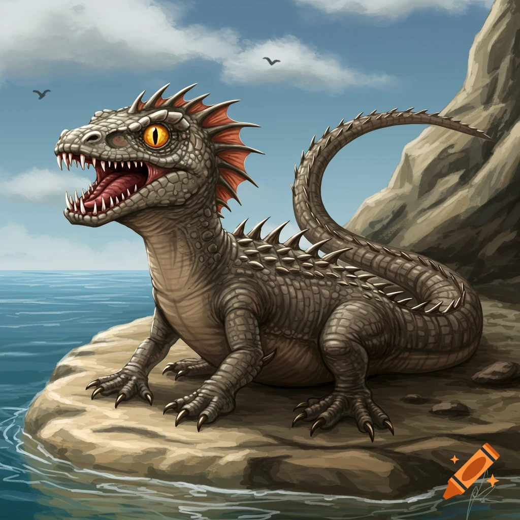 A reptilian fantasy creature with scales and spines sits on a rock by the water.