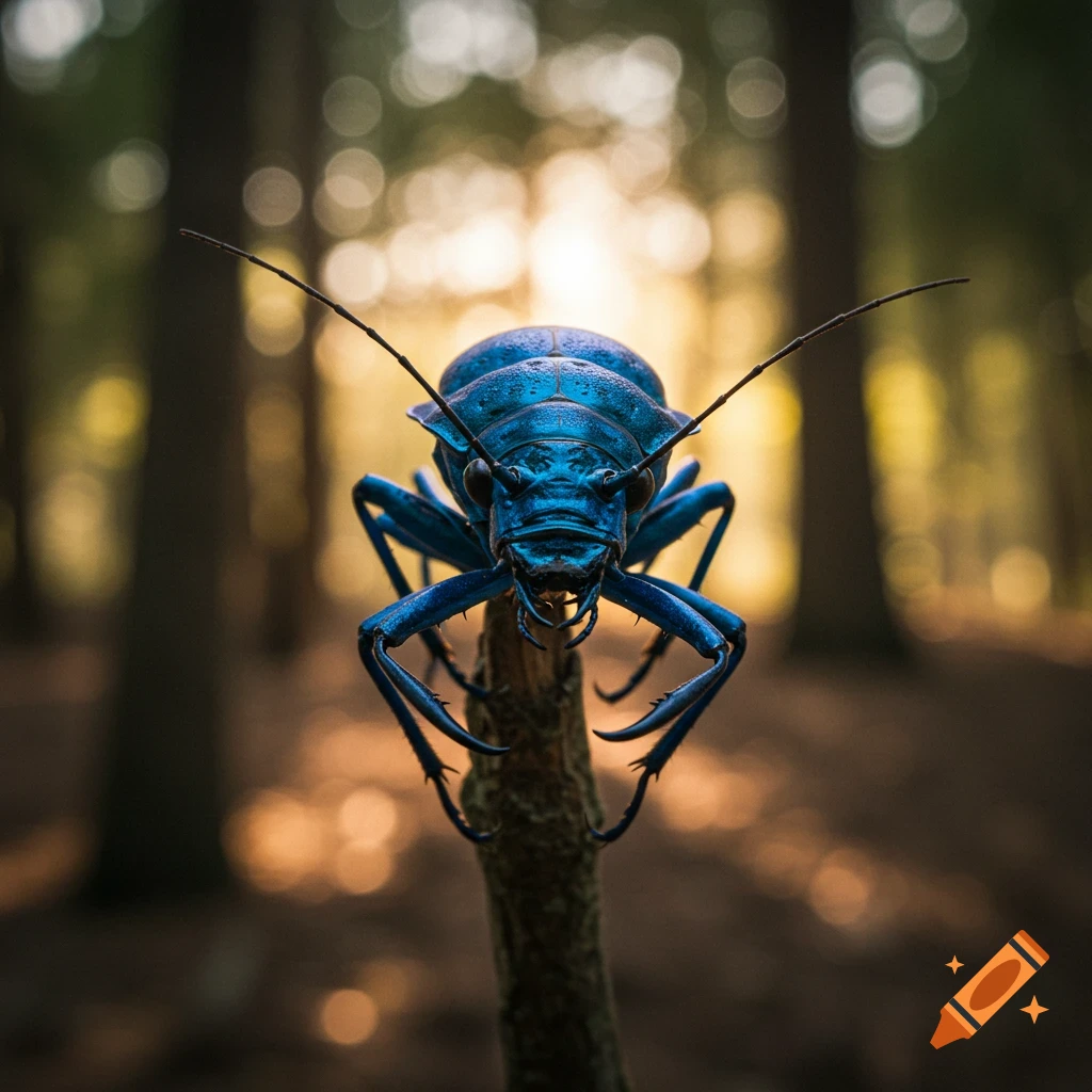 A close-up, photorealistic image of a metallic blue beetle-like insect perched on a branch in a forest with a blurred, sunlit background.