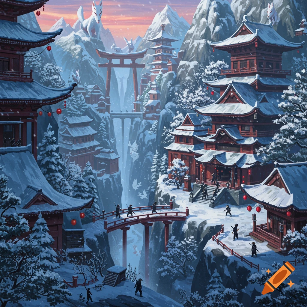 A secret Japanese ninja village in snowy mountains with large kitsunes.