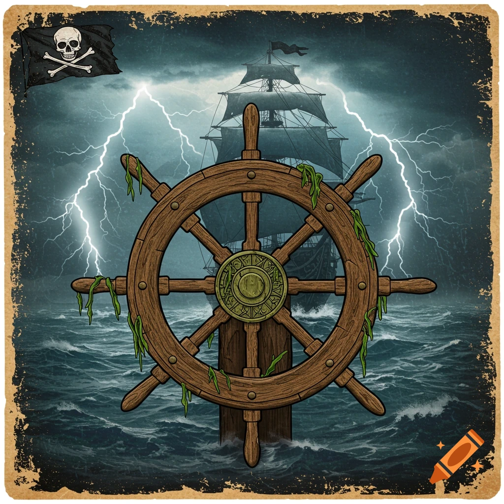 Illustration of a pirate ship in a storm with lightning and a steering wheel in the foreground, skull and crossbones flag flying.