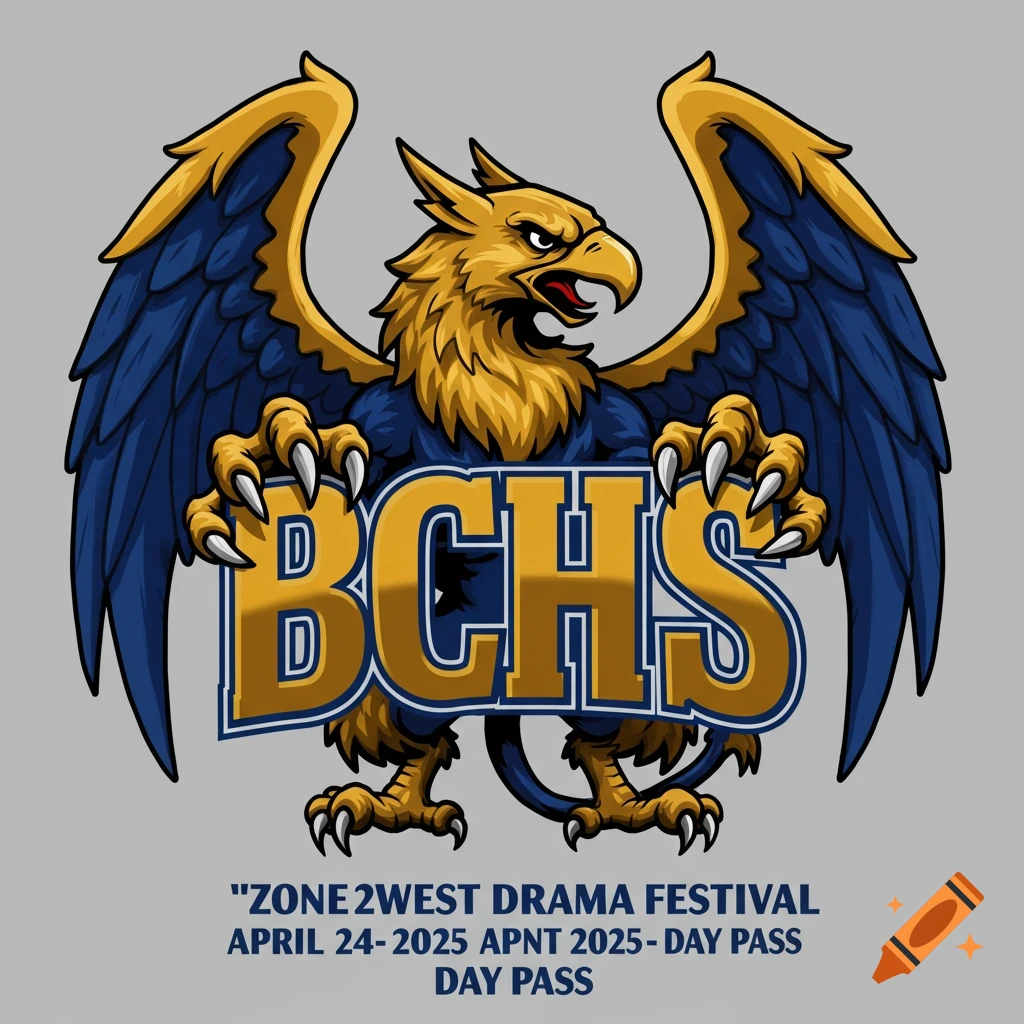 A stylized illustration of a blue and gold griffin holding large BCHS letters in its talons.