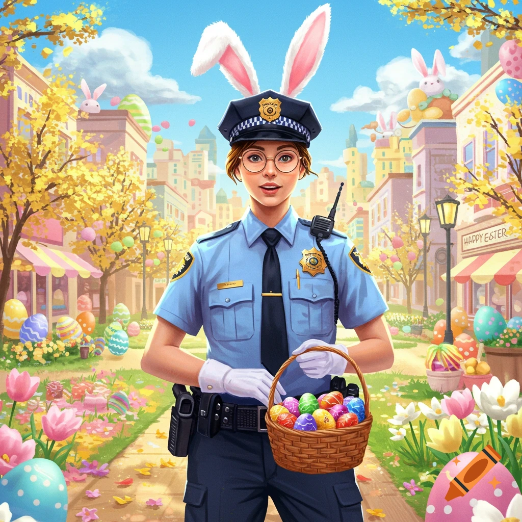 A police officer wearing bunny ears holds a basket of Easter eggs on a street during Easter.