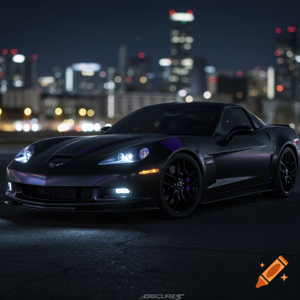 A matte black C6 Corvette ZO6 with purple accents parked on asphalt at night, with a blurred city skyline in the background.