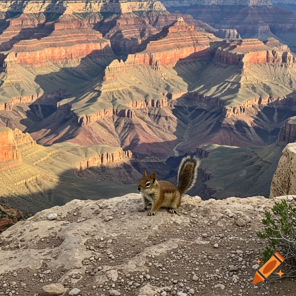 A squirrel sits on a rock overlooking the Grand Canyon.