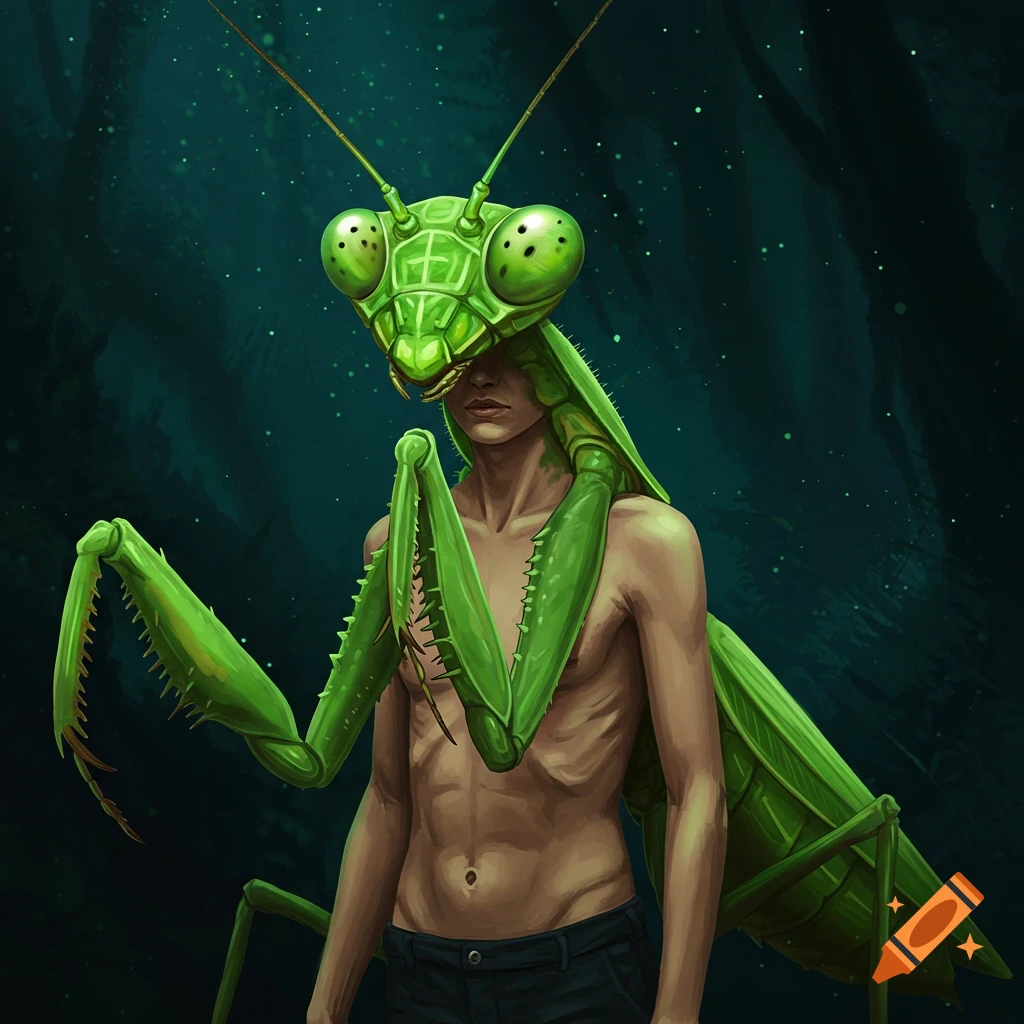 A person fused with a praying mantis, featuring a mantis head and arms.