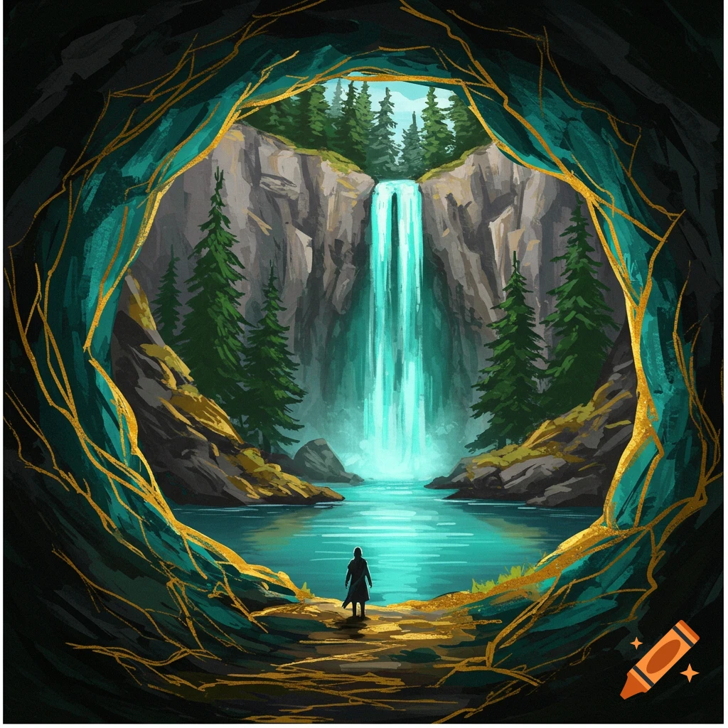 A figure is viewing a turquoise waterfall and lake from a cave with golden veins.