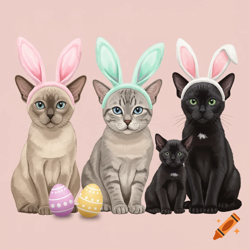 A Siamese-like cat, a tabby cat, a black cat, and a black kitten wearing pastel bunny ears, sitting with Easter eggs.