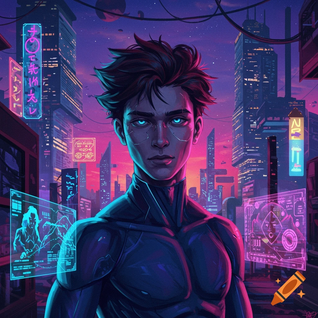 Portrait of a person with glowing eyes in a neon-lit cyberpunk city at night
