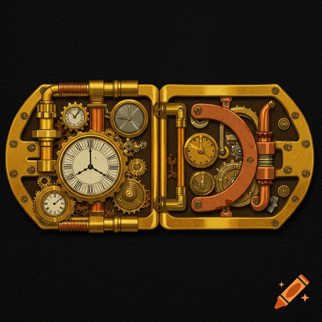 Steampunk belt buckle with gears, clock faces, pipes, and screws on a black background.