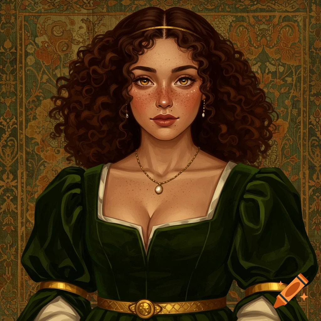 Portrait of a woman in a green Tudor-era dress with curly brown hair and freckles.