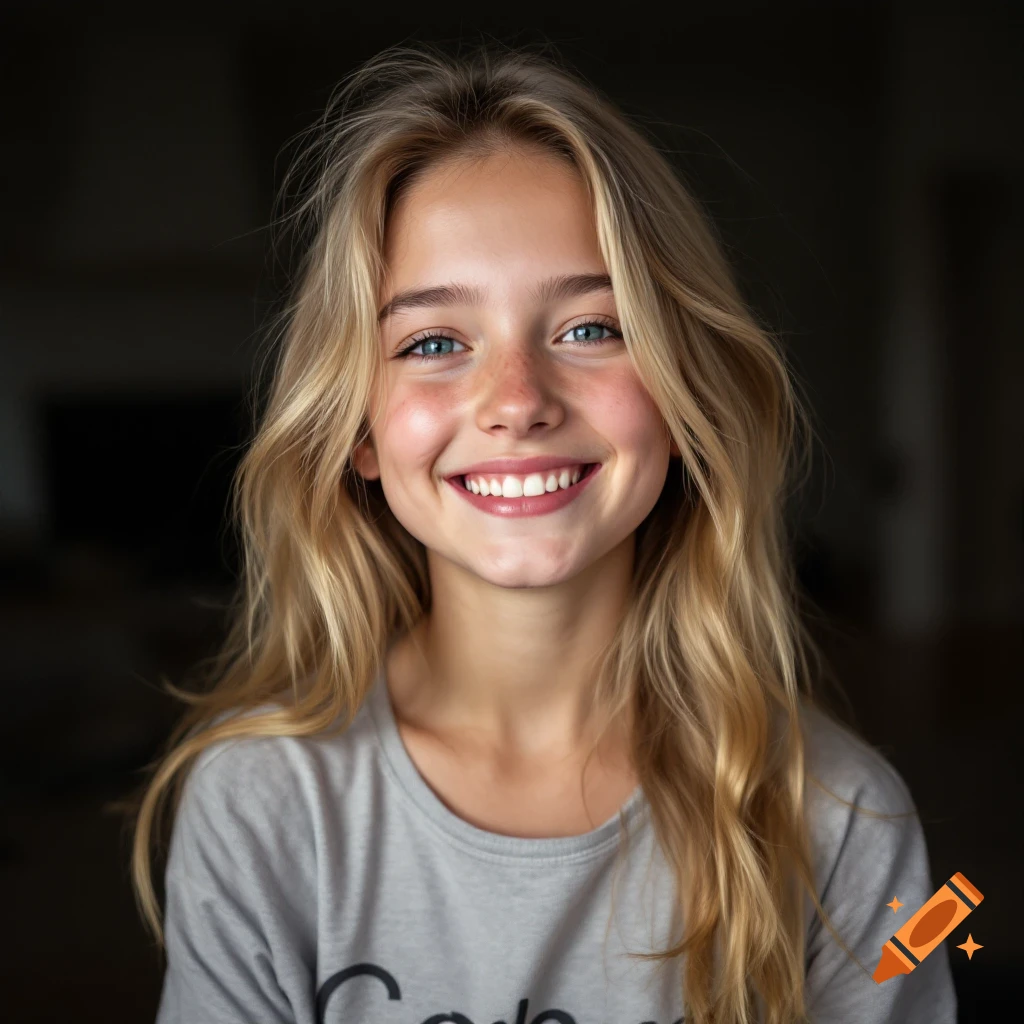 A photorealistic portrait of a young blonde girl smiling.