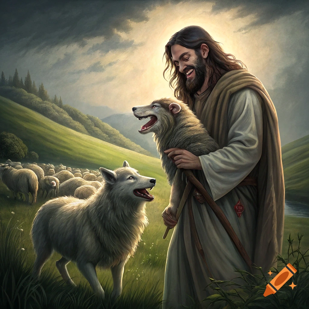 Painting of Jesus holding a wolf, with another wolf and sheep in a pastoral landscape under a dramatic sky.