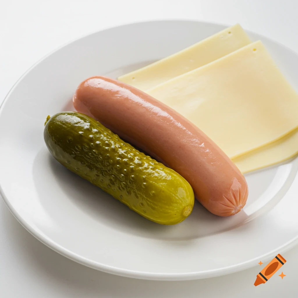 A hot dog, a pickle, and two slices of cheese on a white plate.