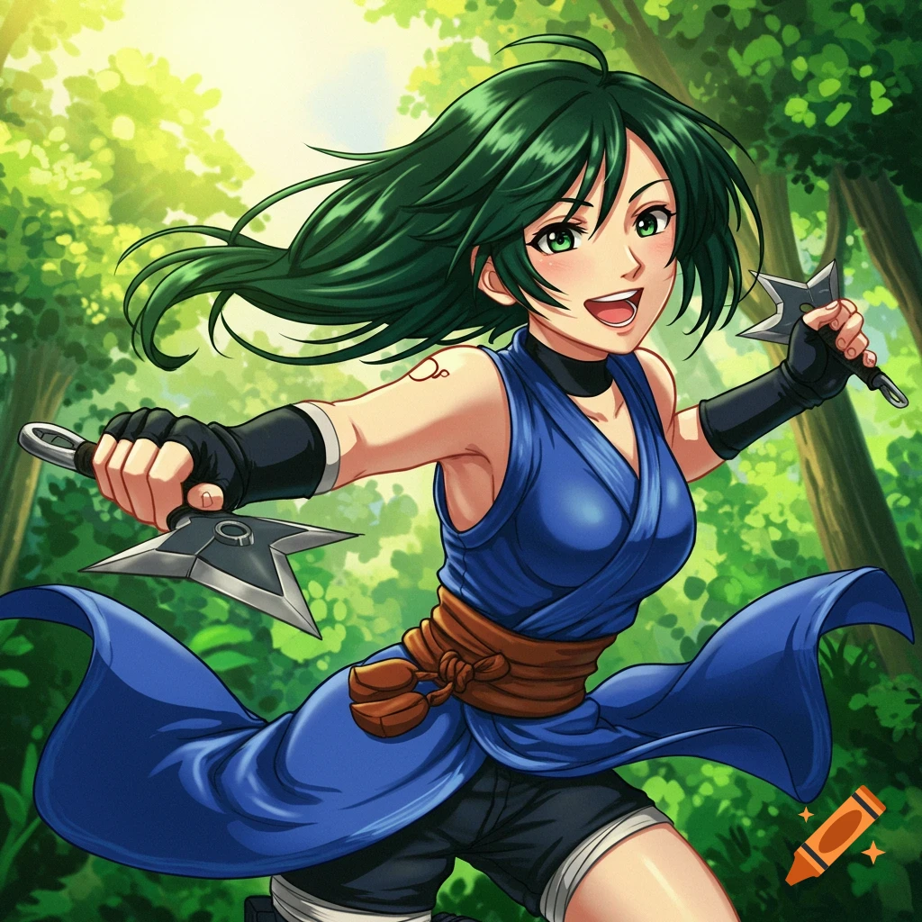 Anime style illustration of a green-haired ninja character in a blue outfit, holding shurikens in a forest.