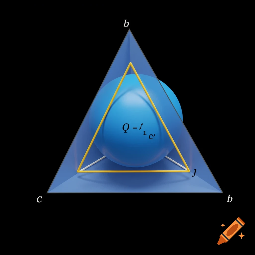 A sphere inside a geometric shape formed by intersecting planes, with labels and a mathematical expression.