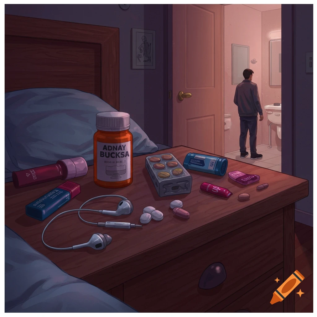 A nightstand with pills and earbuds in a bedroom, with a man visible in the bathroom doorway.