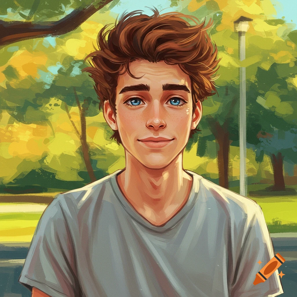 A smiling young man with brown hair and blue eyes in a park.