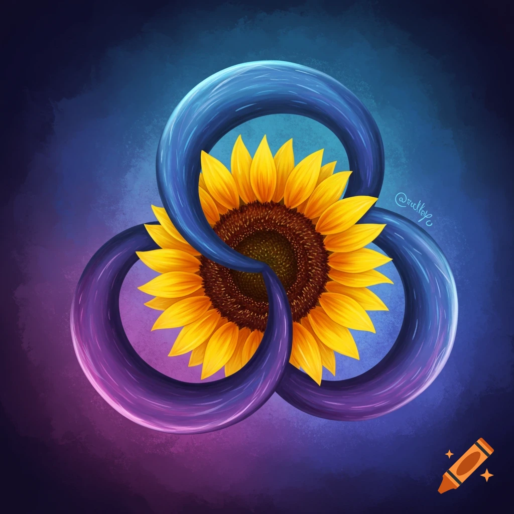 A sunflower intertwined with a swirling blue and purple symbol.