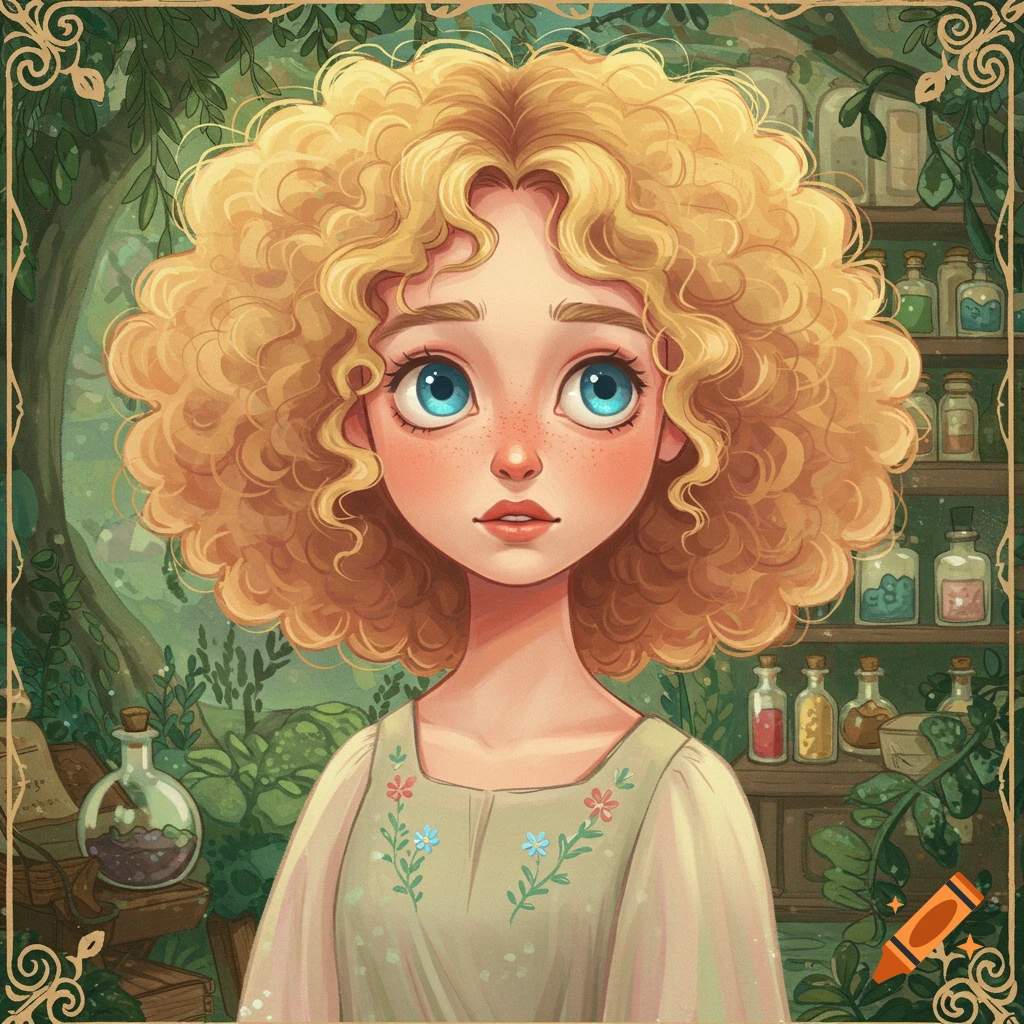 Stylized image of a young girl with blonde curly hair and blue eyes in an apothecary with shelves of bottles.