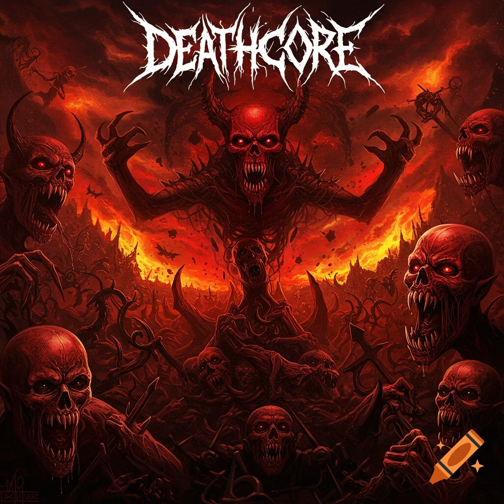 Demonic figures and screaming skulls in a fiery landscape with 'DEATHCORE' logo.
