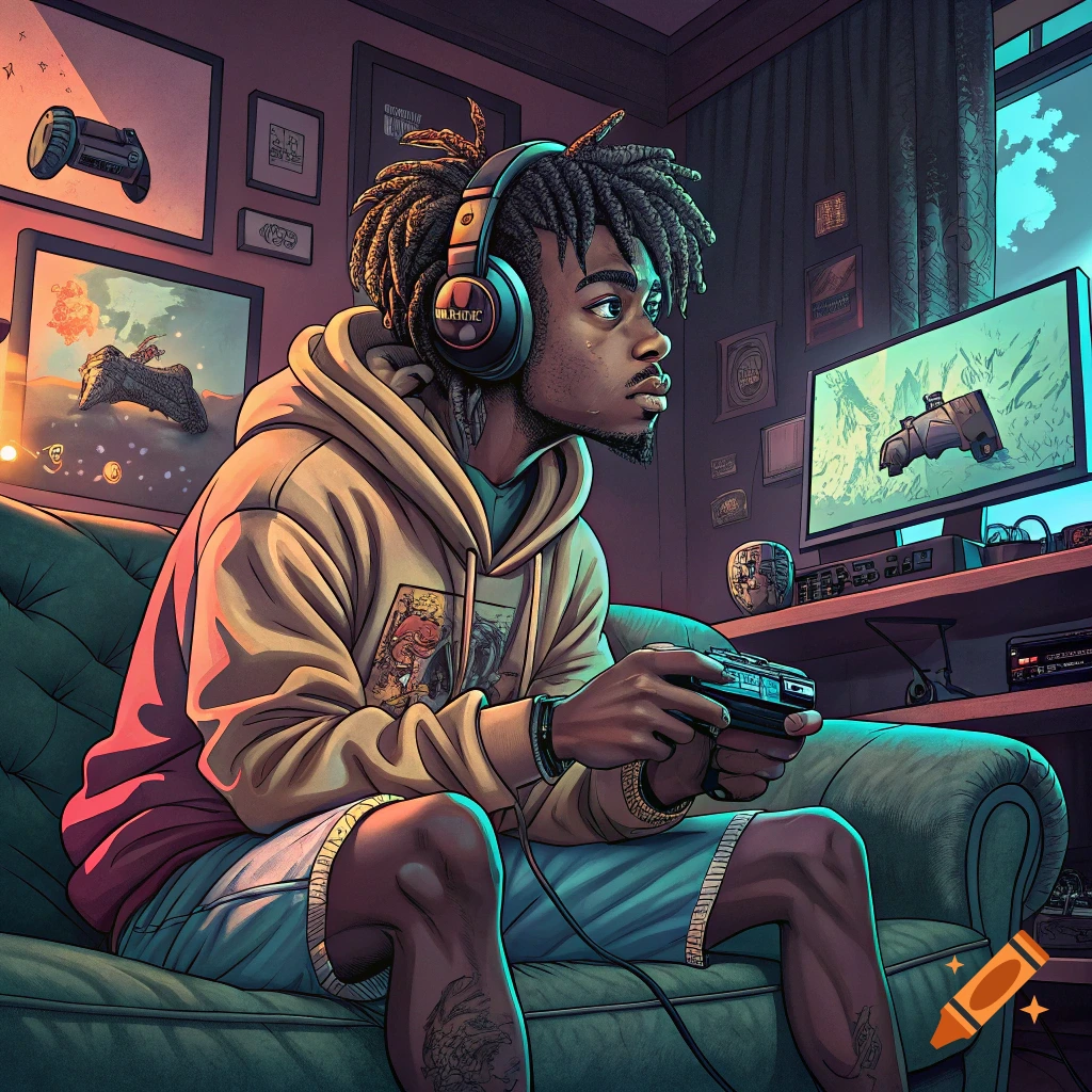 Stylized illustration of a person with dreadlocks playing video games on a couch.