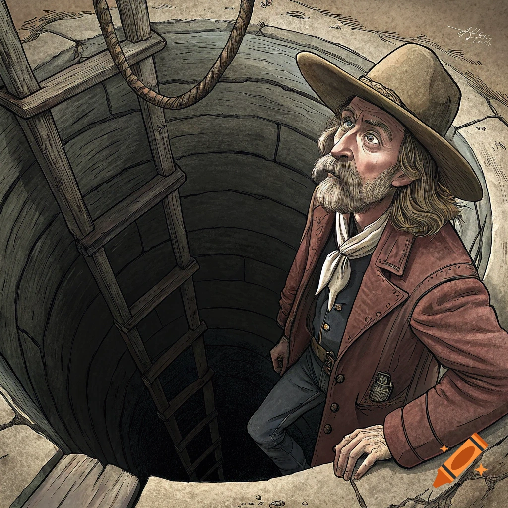 Illustration of a man in a hat looking down into a deep well with a ladder and rope.
