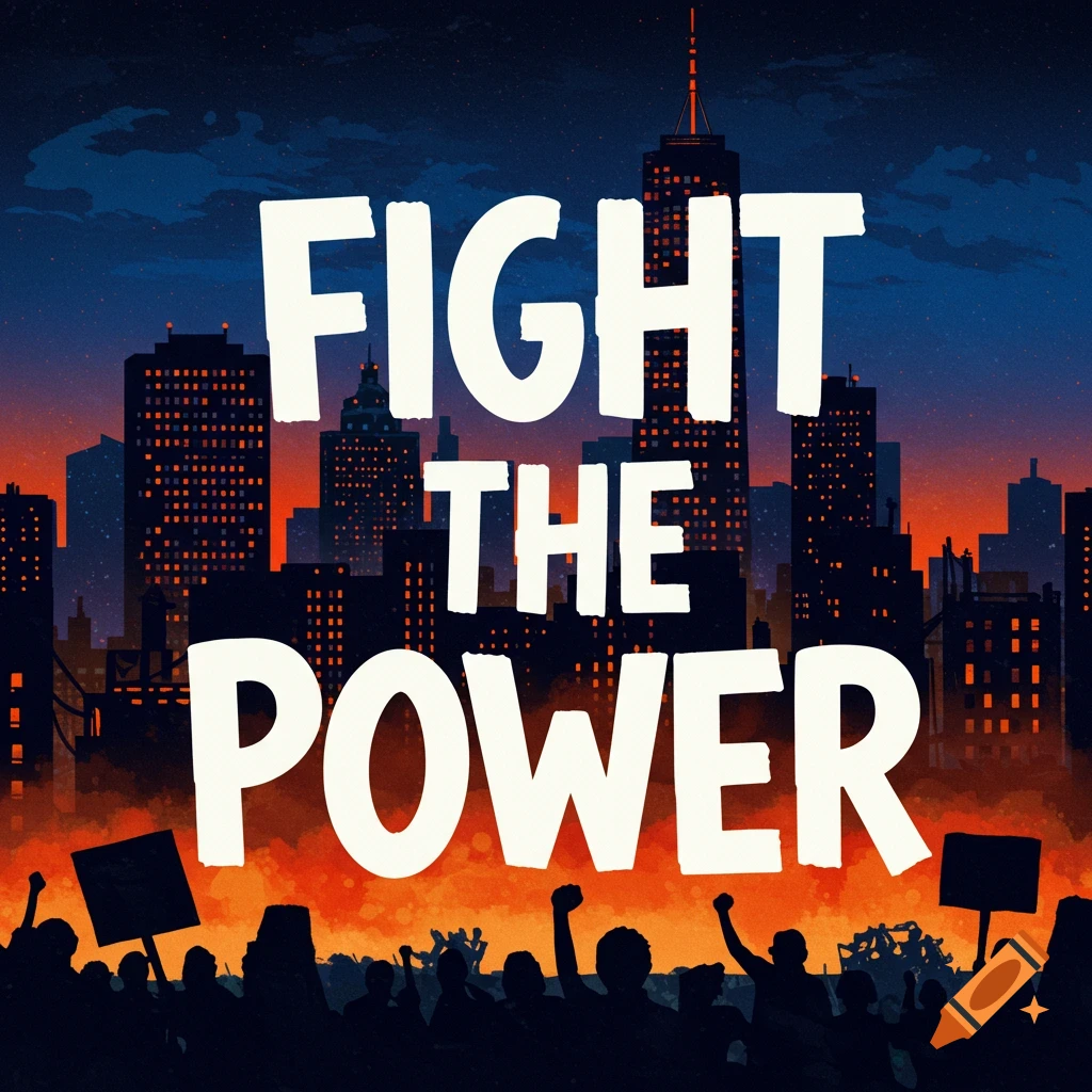 A stylized image of a crowd silhouetted against a city skyline at sunset, with large text 'FIGHT THE POWER' above.