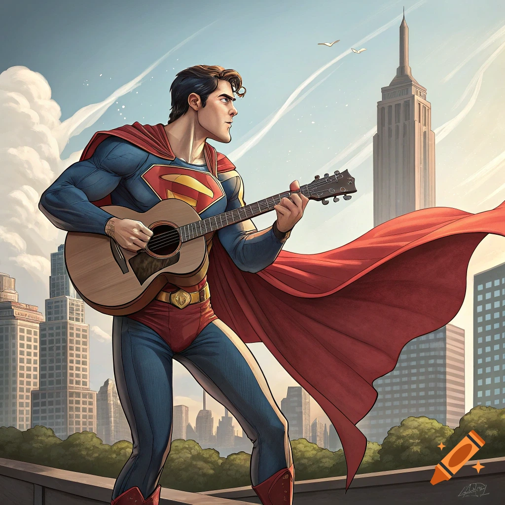 Superman plays an acoustic guitar on a rooftop with a city skyline in the background.