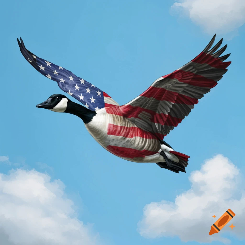 A Canada goose is shown in flight, featuring the pattern of the American flag across its body and wings.