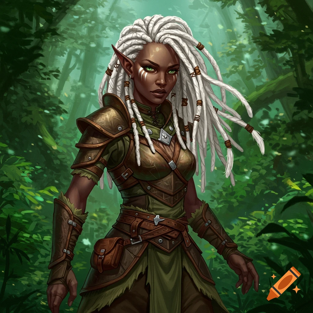 Image of a female half elf ranger with white dreadlocks in a forest.