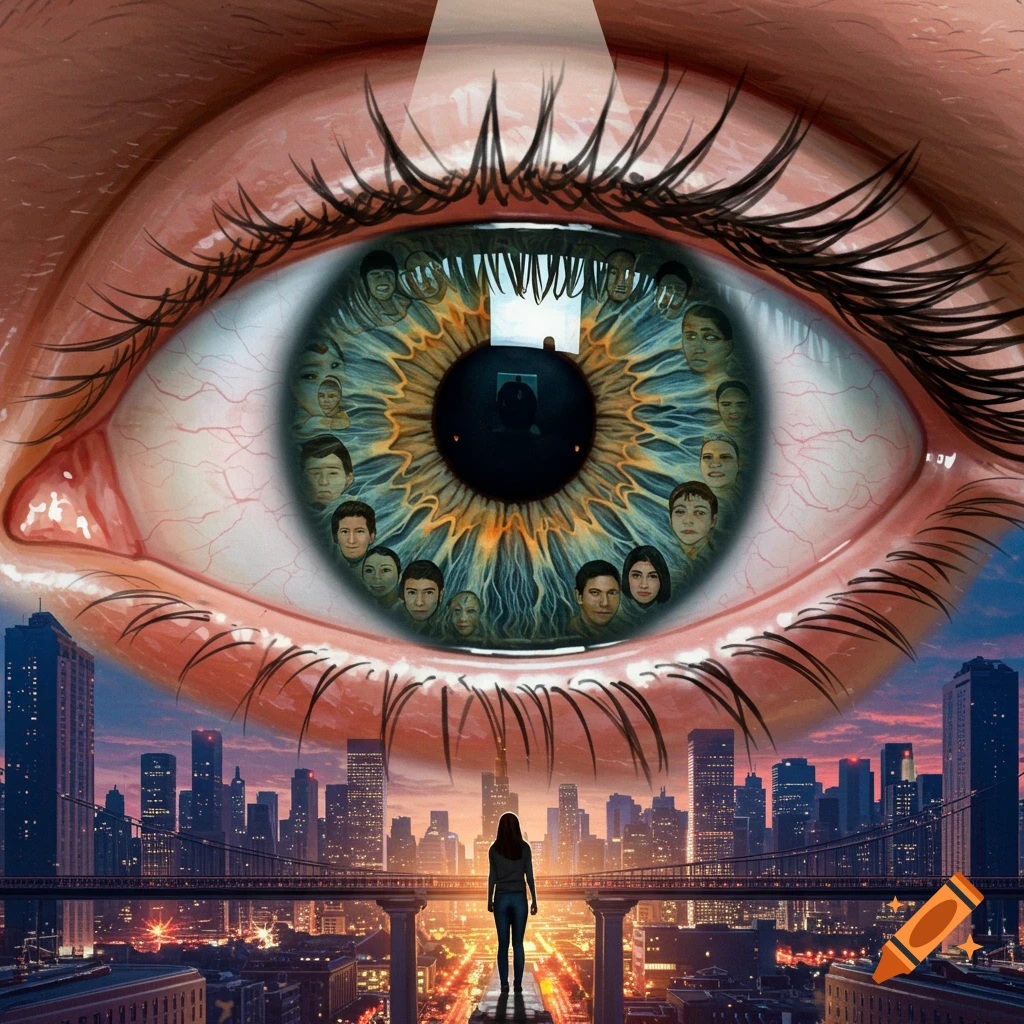 A giant eye reflecting many faces looks over a cityscape where a person stands on a bridge, digital art