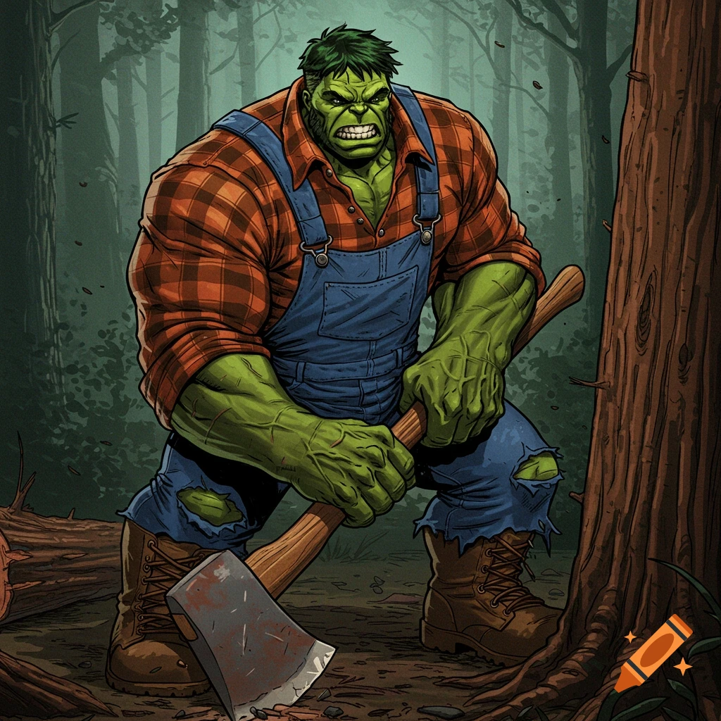 Comic art of green Hulk as a lumberjack holding an axe in a forest