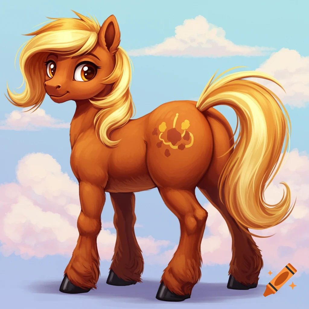 A brown cartoon pony with golden mane and tail stands against a cloudy sky.