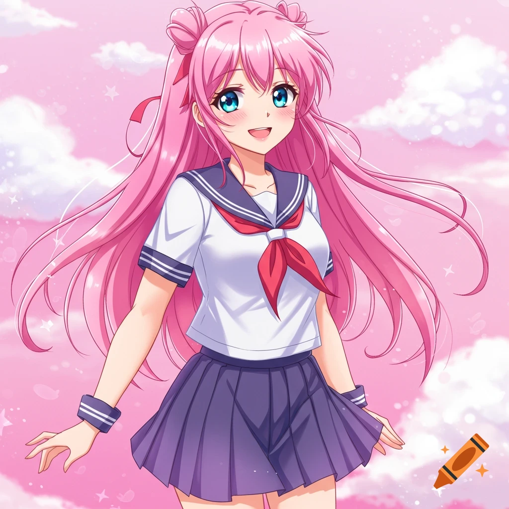 An anime girl with pink hair in pigtails and a school uniform smiles against a pink sky with stars.