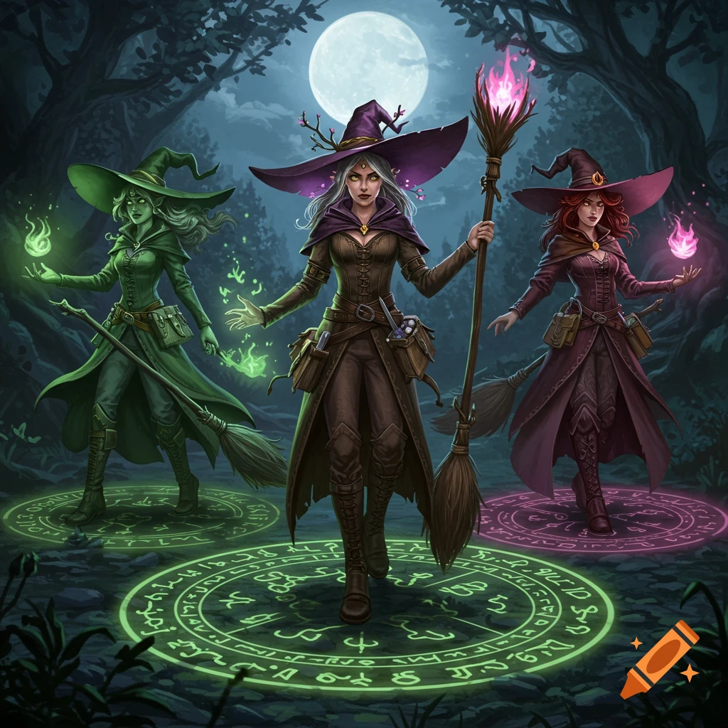 Three distinct witches stand in a moonlit forest clearing with glowing magical symbols on the ground, casting spells.