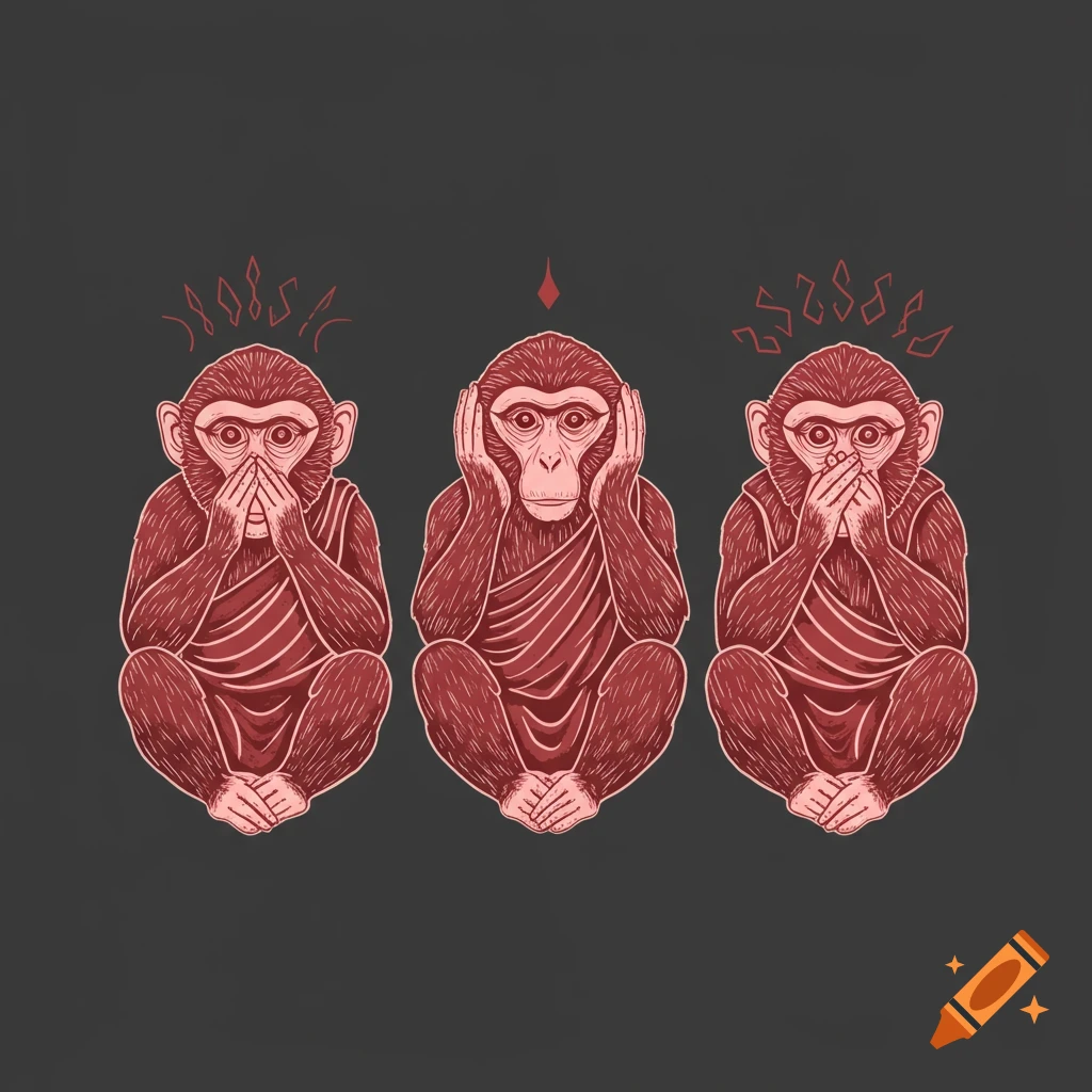 Three wise monkeys in a red line illustration style