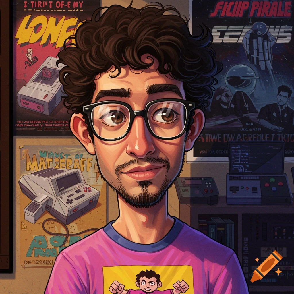 A young man with glasses and a graphic tee, in front of vintage gaming and sci-fi posters.