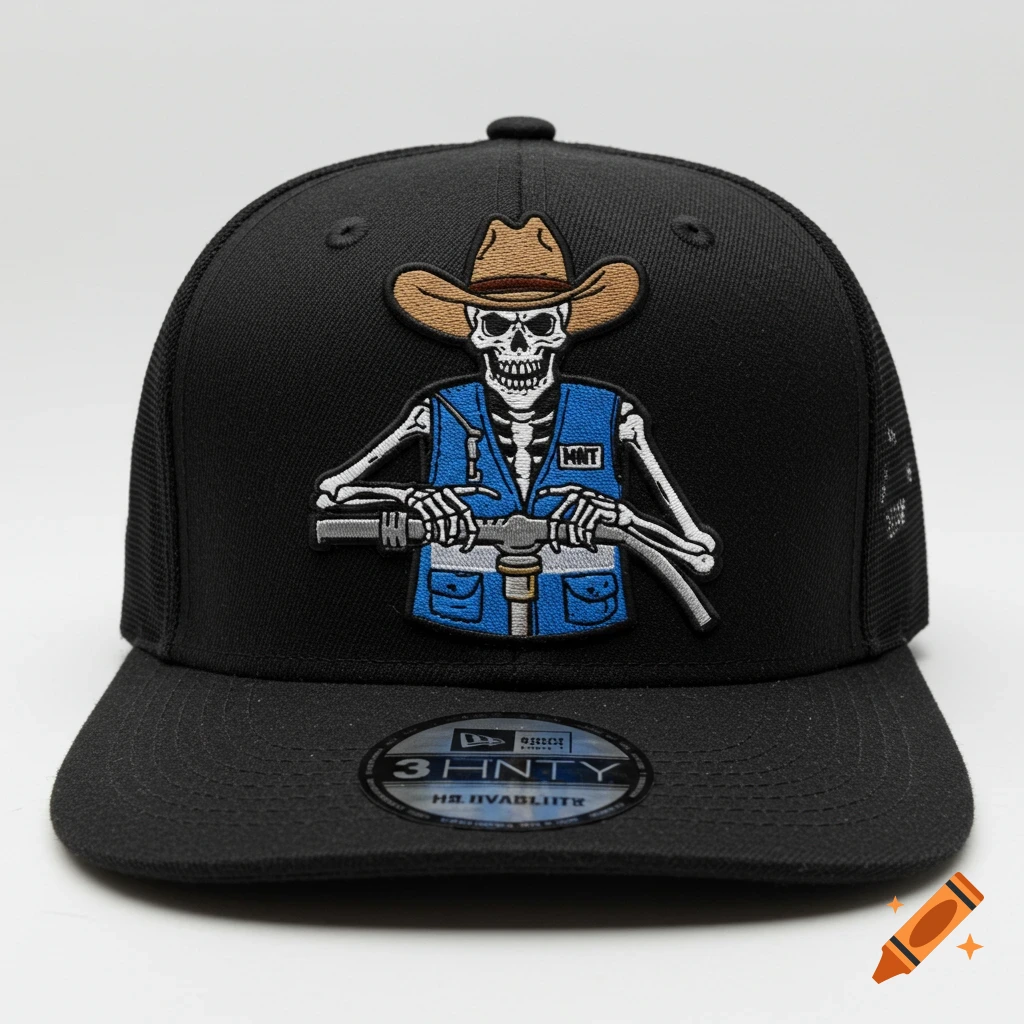 Close-up of a black baseball cap with an embroidered patch of a skeleton wearing a cowboy hat and blue vest, holding handlebars.