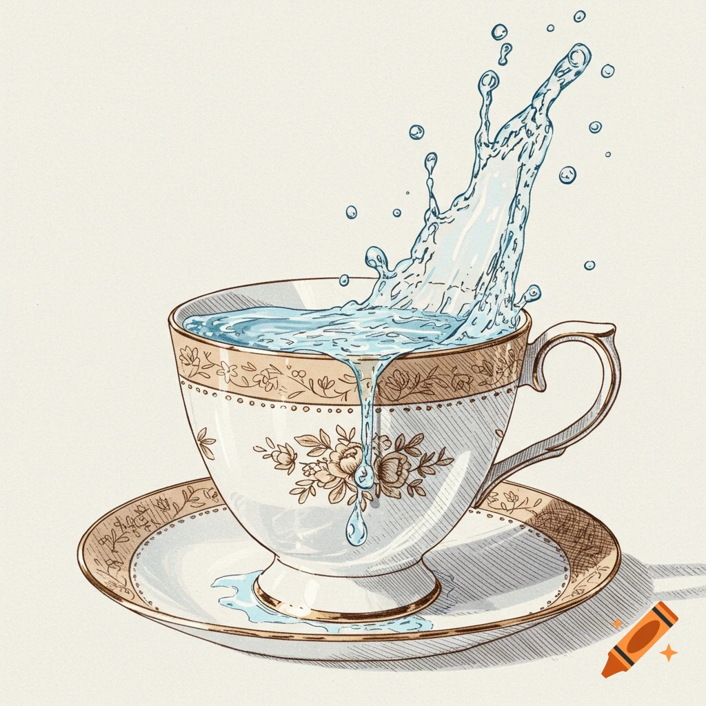 Line art illustration of an overflowing teacup with water splashing.