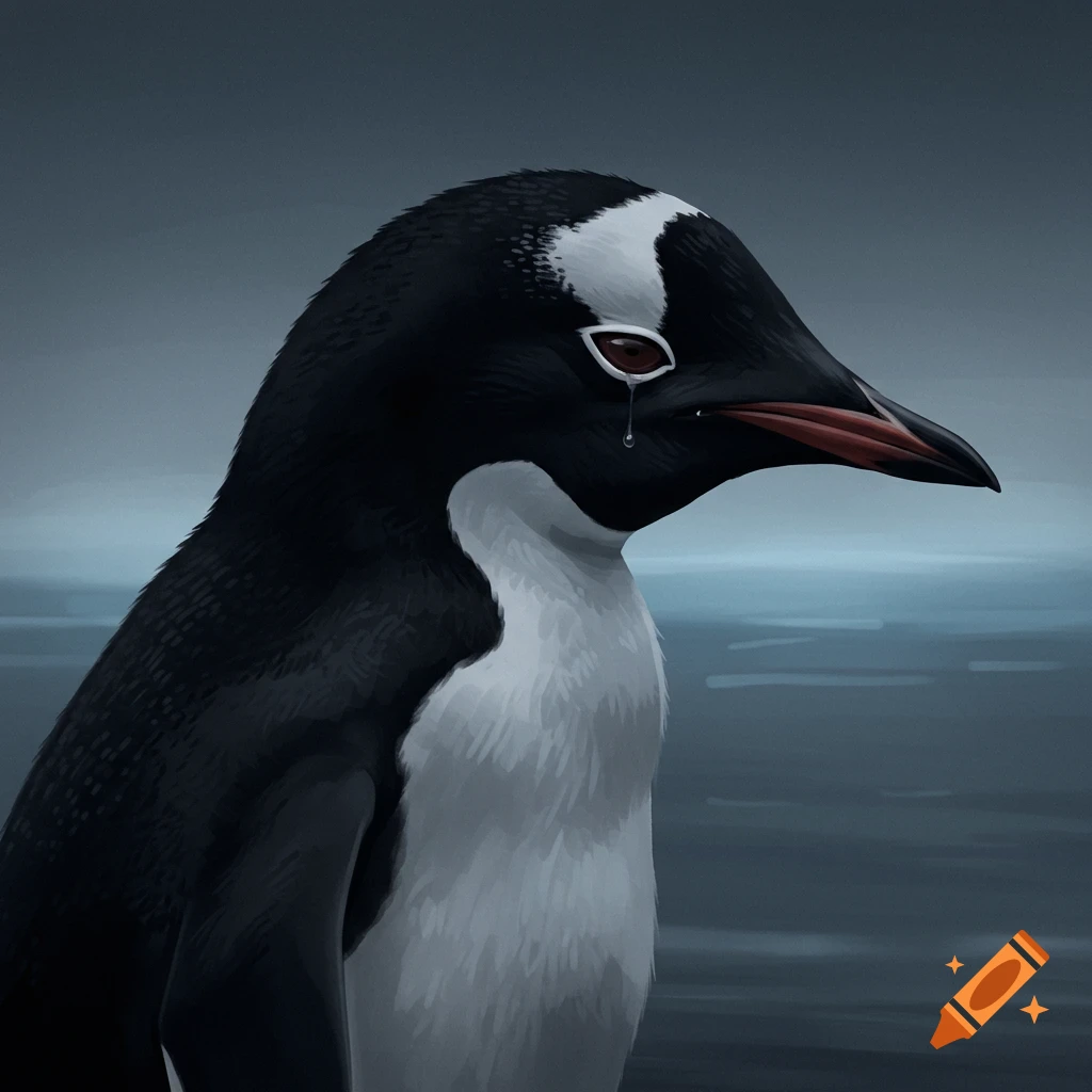 Sad penguin with a tear, looking right.